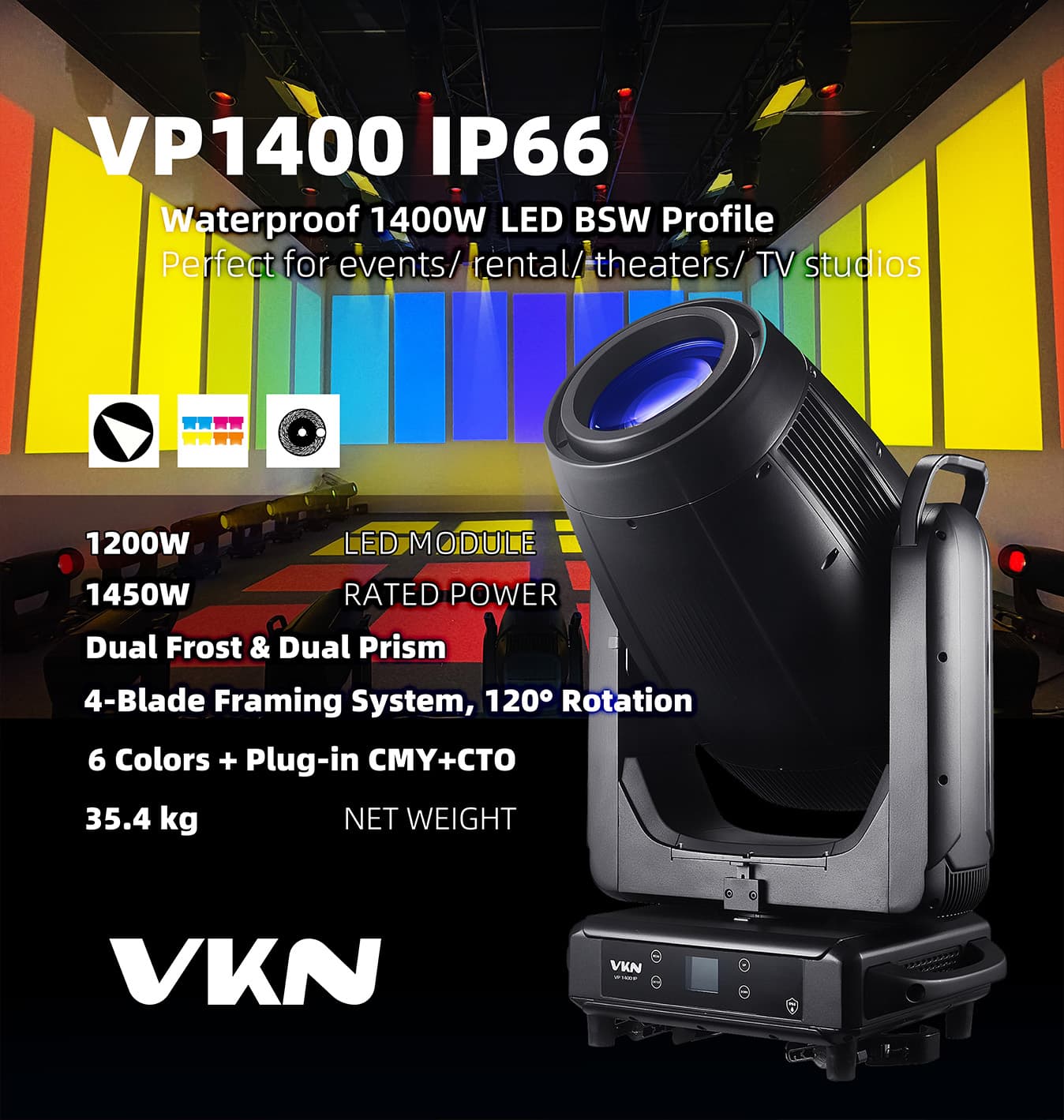 VP1400 IP66 | Cabezal móvil LED de perfil 4 en 1 de alta potencia IP66